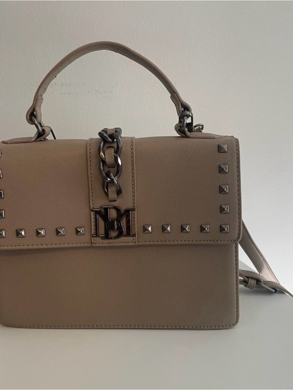 Badgley Mischka Taupe Top-Handle Studded Shoulder Bag